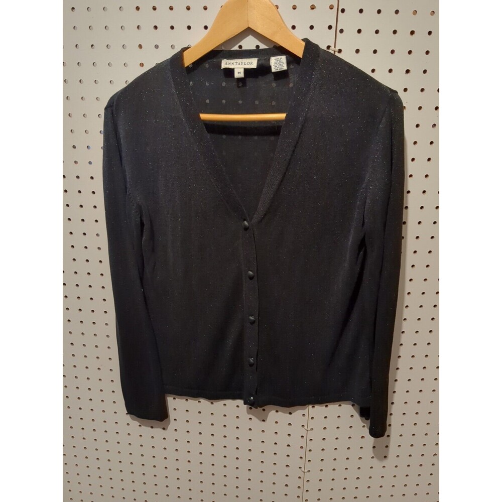 Ann Taylor Black Sparkle Silk Sweater Medium Button Long Sleeve Metallic